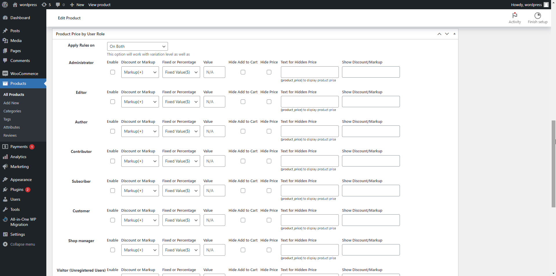 Product Price by User Role Single Product Options